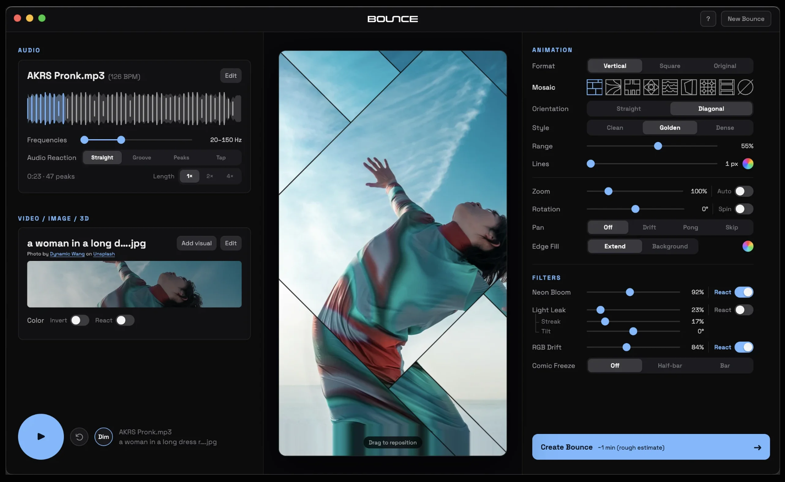 Bounce audio controls with track waveform and length options