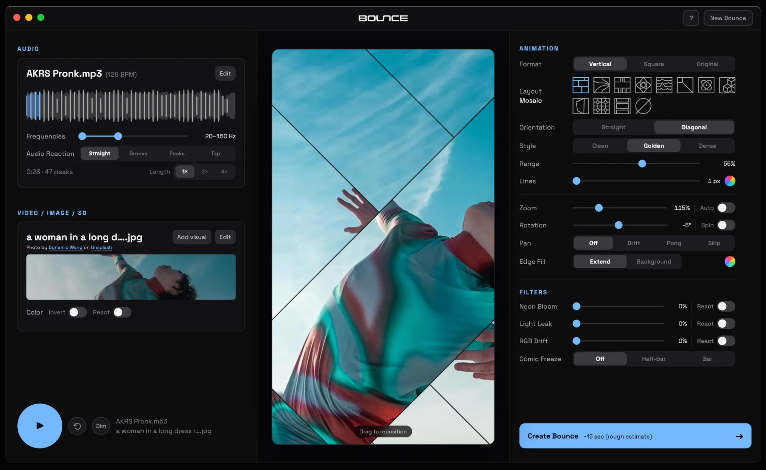 Bounce audio controls with track waveform and length options